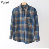 Retro Flannel Brushed Thick Plaid Shirts Women Fall 2022 Korean Fashion Baggy Blouse Female Causal Long Sleeve Tops
