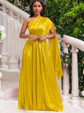 Fongt Women's 2025 New One-Shoulder Folded Dress Twill Dress