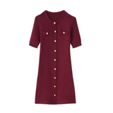 Fongt Women's New Fashion Collar Single Buckle Short Sleeves Thin Knit Mini Dress