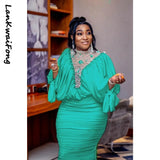 High Fashion Beaded Mesh Splicing Top Pleated Skirt Two-piece Suit African Women's Clothing-Outfit