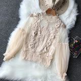 Sheer Lace Lantern Sleeve 3D Floral Elegant