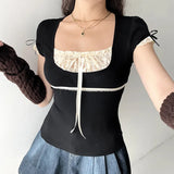 Fashion Winter Ebay Color Splicing Lace Square Tie Fresh And Sweet Blouse