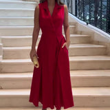 Fongt 2024 New V-Neck Sleeveless Solid Color Lapel Pleated Long Temperament Dress Female-Outfit