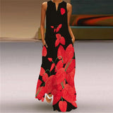 Printed Sleeveless Maxi Dress Women Casual V-neck Robe Dresses Female Plus Size Beach Holiday