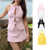 Fongt Women's ZA Summer New Bow Ornament Hanging Neck Vest Skirt Suit