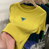 Screw Thread Cotton Solid Green Nice Mini T Shirts Brand Triangle Label Chic Crop Tops Office Ladies Basic Summer Large 2XL-Outfit