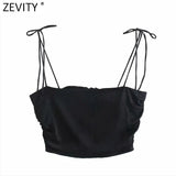 Women Spaghetti Strap Black White Color Chic Camis Tank Ladies Summer Back Elastic Pleated Short Sling Crop Tops
