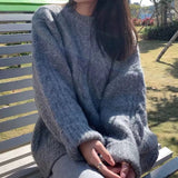Fongt Pure And Fresh 2024 Autumn Winter New Sweet And Gentle Wind Round Collar Loose Show Thin Long Sleeve Knit Sleeve Sweater Bottom-Outfit