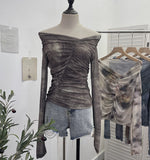 Real Shot Shoulder Tie-Dye Printing Mesh Hooded Design Long-Sleeved Irregular Folding Repair T-Shirt