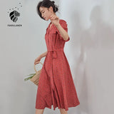 Office Lady French Retro Floral Red Long Dress Women Summer 2021 New Style Puff Sleeve V-neck Tea Break