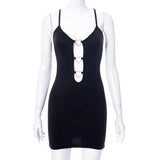 Sexy Hollow Out Mini Dress Summer Women Solid Color Chains Bodycon Sheath Black Dresses Sleeveless Party Club