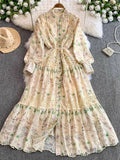 Fongt Retro Court Wind Hollow Lace Splicing Lantern Sleeve Collection Waist Single Buckle Print Dress 2025 Spring Dress