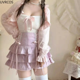Kawaii Lolita Style Pleated Skirts Women High Waist Pink Bandage Fairy Y2k Aesthetic Skirt Cute Faldas Mujer Moda 2023-Outfit