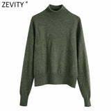 Women Simply Mock Neck Solid Green Color Casual Knitting Sweater Female Chic Basic Long Sleeve Pullovers Brand Tops