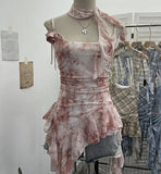 Real Shooting Retro Tie-Dye-Print Mesh Sling Sling Sling Vest Irregular Lotus Leaf Edge Ribbon Sleeveless Top