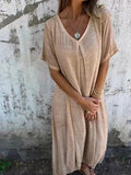 Fongt New Leisure Spring And Summer Loose Skirt Short-Sleeved V-Neck Solid Cotton Dress