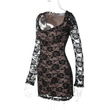 Black Lace Layered Long Sleeve Mini Dress-Outfit