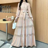 Fongt Gentle Style Dress Spring Dress Design Hollow Lace Splicing Bubble Sleeve Dress Holiday Dress
