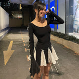Black Long Sleeve White Frill Patchwork Bow Mini Dress-Outfit
