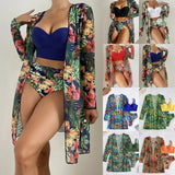 Fongt New Sexy Bikini Mesh Three-Piece Set Gathered Print Split Swimsuit
