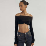 Through Mesh Crop Top Women Pullovers Strapless Short Knit Cropped Tops Ladies Tee Shirt Sexy Off-shoulder T-shirt-Outfit
