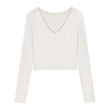 Fongt Women's Short Slim Long Sleeve With Bottom Shirt Autumn 2024 New Sexy V-Neck Collarbone Student Top