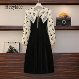 Women French Vintage Patchwork Dresses Office Ladies Elegant Dresses Spring Long Sleeve Peter Pan Collar Long