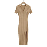 New Spring Temperament Slim Polo Neckline Elastic Knitted Short-Sleeved Side Forked Dress-Outfit