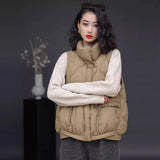 White Duck Down Down Vest Female 2024 Light Standing Collar Design Sense Draw Rope Warm Vest Wearing Casual Vest-Outfit