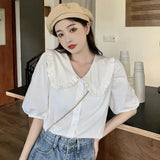 Doll Collar Blouse For Women Short Sleeve Button down Regular Fit Shirts Single Breasted Casual T Shirts Tees-Outfit
