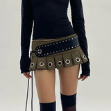 Features Chicken Eyelids With Spicy Girls Low Waist Ultra-Short Pleated Skirt 2024 Summer New Tooling Miniskirt-Outfit