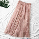 Elegant Korean Women Tulle Skirt Fashion Sequin Star Summer Mesh Ladies Long Skirt Elastic High Waist Party White