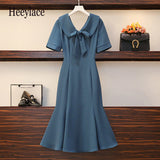 Ladies Elegant French Vintage Mermaid Dresses Summer Short Sleeve High Waist Midi Dresses Korean Sexy