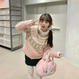 Pink Jacquard Bow Knitted Cardigan-Outfit