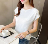 Fongt Silk Knitted Women Loose 2023 Summer New Gray Top Collar Thin Short-Sleeved T-Shirt