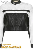 Women Gothic PU Leather Jacket Contrast Color Stand Collar Long Sleeve Zip-up Crop Top Bomber Coat Cool Racing