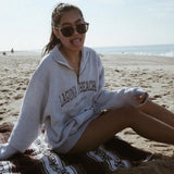 Letter Embroidery Sweatshirt Women Oversized Vintage POLO Collar Casual Pullovers 2023 Autumn New Girls Warm Cotton
