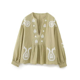 Fongt Explosion Women's Summer New V-Neck Fashion Embroidery Blouse