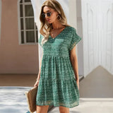 Print Short Casual V Neck Ruffles Chiffon