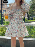 Floral Dress Women Lantern Long Sleeve Ruched Print A Line Square Neck Tie up Mini Vestidos Sexy Chic Summer Beach
