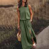Fongt 2025 Summer Women's Fashion Trend Retro Round-Neck Sleeveless Forked Solid Color Two-Piece
