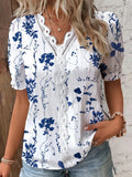 Wise Hot Style Summer V-Neck Lace Splicing Printed Shirt Shirt Women's Clothing-Outfit