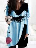 Abstract Printed Shirt Women Long Sleeve Face Print T Shirt Tops Elegant O Neck Pockets Irregular Tee Shirt