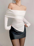 Off Shoulder Black Ribbed Long Sleeve Knit Top-Outfit