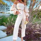 Backless Flare Sleeve Tops Slim Long Pants Suit 2pc Set Off Shoulder Tops Pocket Trousers Outfits Chic High Waist Set