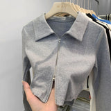 Design Sense Niche Double Zipper Polo Collar Jacket Women's Early Autumn New Threaded Short Top Knitted