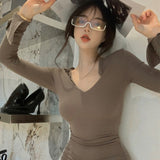 V-neck Korean Dress Short Skirt Waist Solid Color Long Sleeves-Outfit