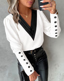 Wise Popular Autumn Fashion V-Neck Solid Color Long Sleeve Button Women's Shirt-Outfit