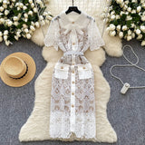 Fongt Court Feng Sleeve Lace Dress Hollow Hook Butterfly Tie Sling Temperament Elegant Dress