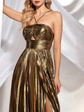 Fongt Women's Clothing Hanging Neck Dress Sexy Evening Dress Forked Sleeveless Gold Showback 8110